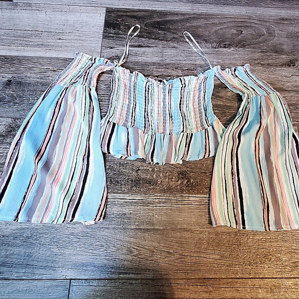 NWT Salty Lemon Colorful Striped Summer Bandeau Top w/Attached Bell Sleeves M